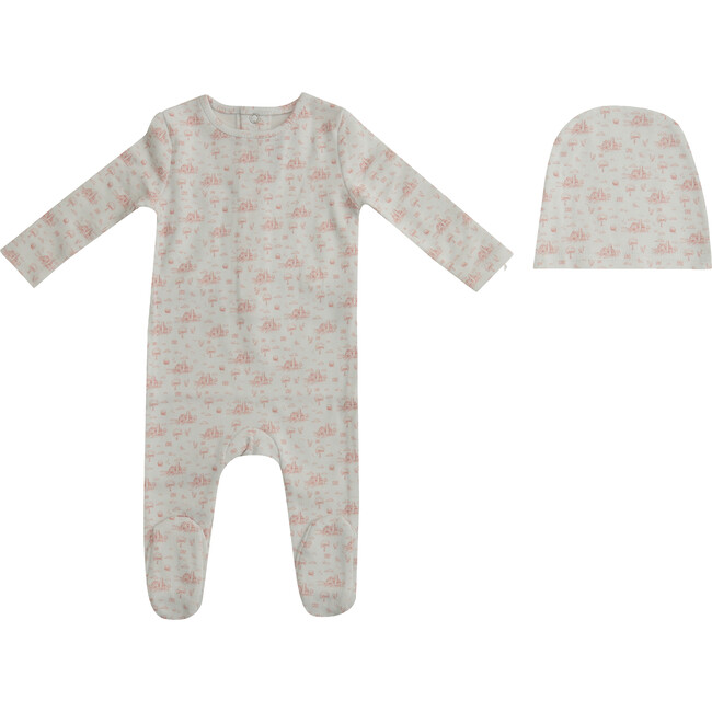 Farmhouse Print Footie and Hat. Pink