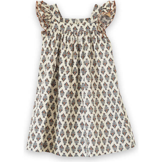 Girls Everly Square Neck Dress, Teal and Brown Jewel Handblock - Dresses - 1