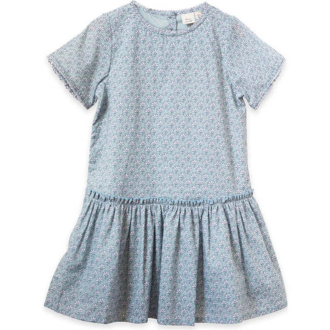 Willow Block Print Short Sleeve Ruffle Waist Dress, Sky Blue - Dresses - 1