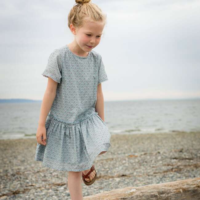 Willow Block Print Short Sleeve Ruffle Waist Dress, Sky Blue - Dresses - 2