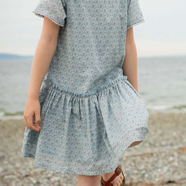 Willow Block Print Short Sleeve Ruffle Waist Dress, Sky Blue - Dresses - 3