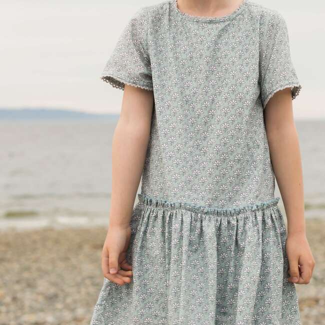 Willow Block Print Short Sleeve Ruffle Waist Dress, Sky Blue - Dresses - 5