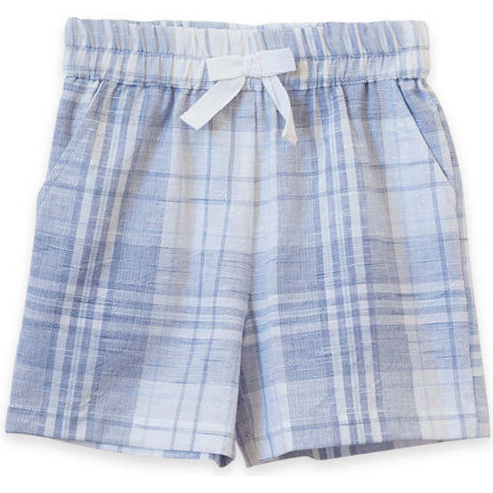 Everyday Drawstring Waist Check Shorts, Blue Slub