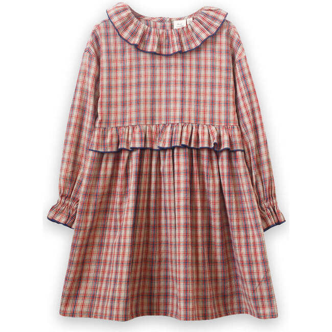 Ruffle Collar Long Sleeve Dress, Red and Blue Check