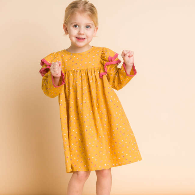 Toddler Long Flutter Sleeves Dress with Lace Trim, Mustard & Pink