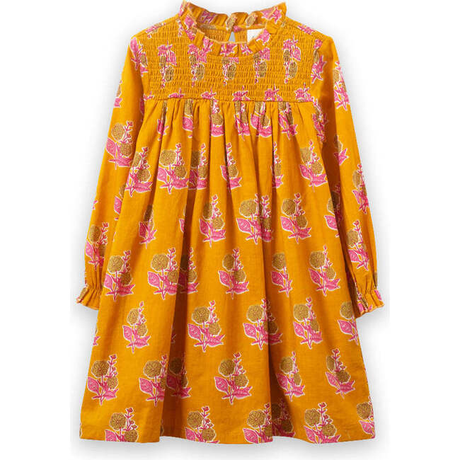Smocked Long Sleeve Dress, Mustard and Pink