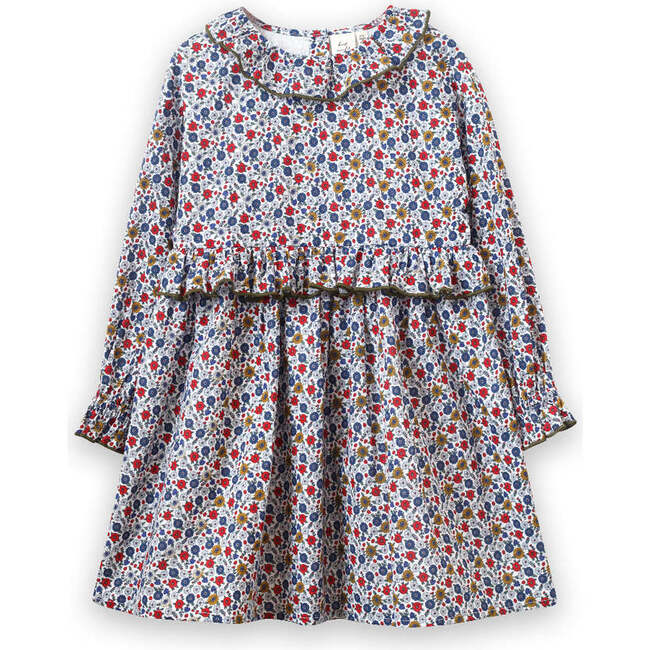 Ruffle Collar Long Sleeve Dress, Blue and Mustard Floral