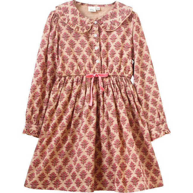 Long Sleeve Collar Dress with Velvet Tie, Vintage Pink