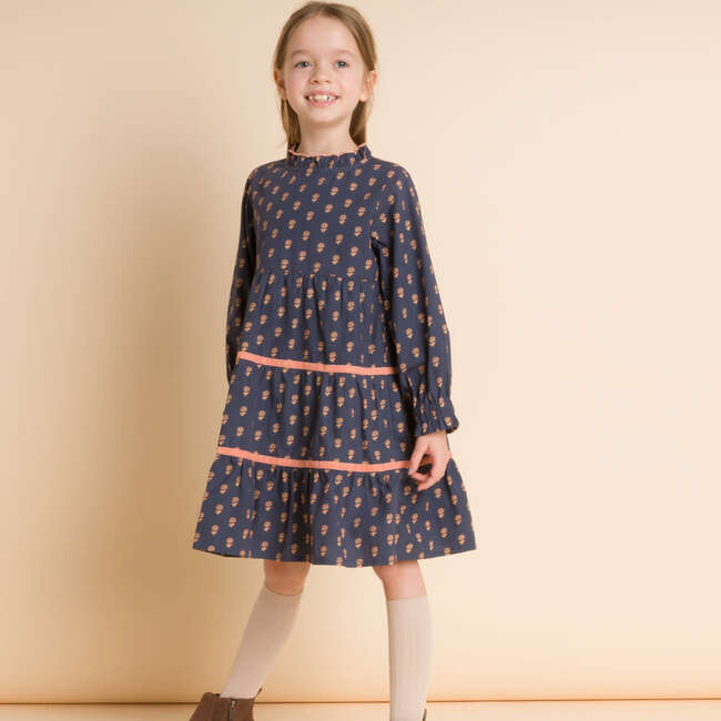 Long Sleeves Tiered Skirt Dress with Velvet Trim, Orange - Dresses - 2