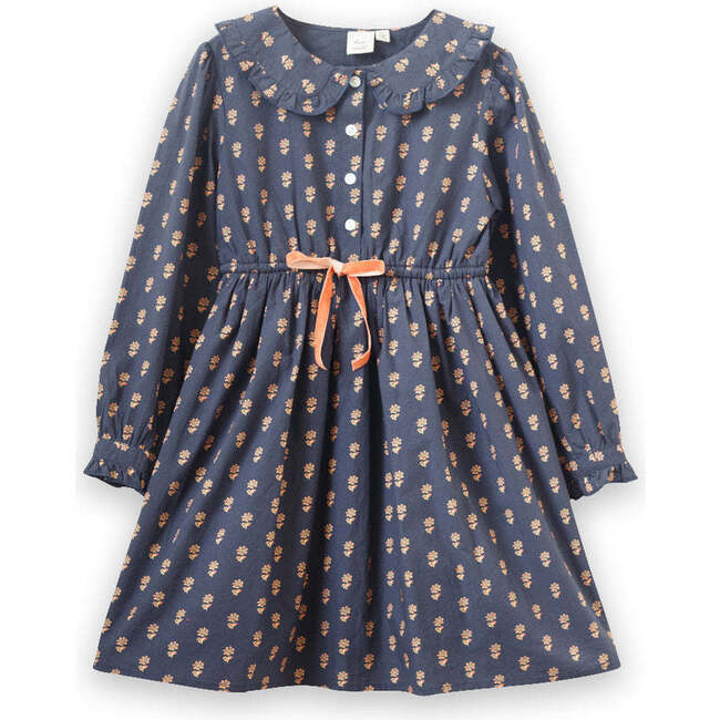 Long Sleeve Collar Dress with Velvet Tie, Black & Orange