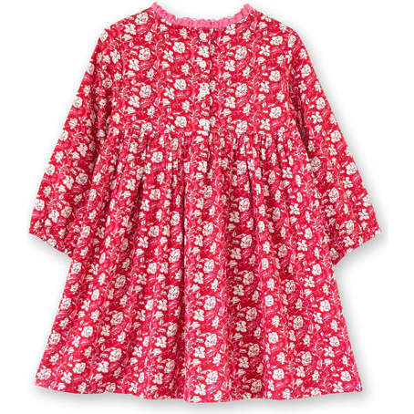Toddler Floral Print Lace Trim Long Sleeve Dress, Red & White - Dresses - 5