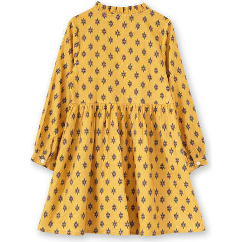 Girls All-Over Print Front Ruffle Long Sleeve Dress, Yellow & Pink - Dresses - 6