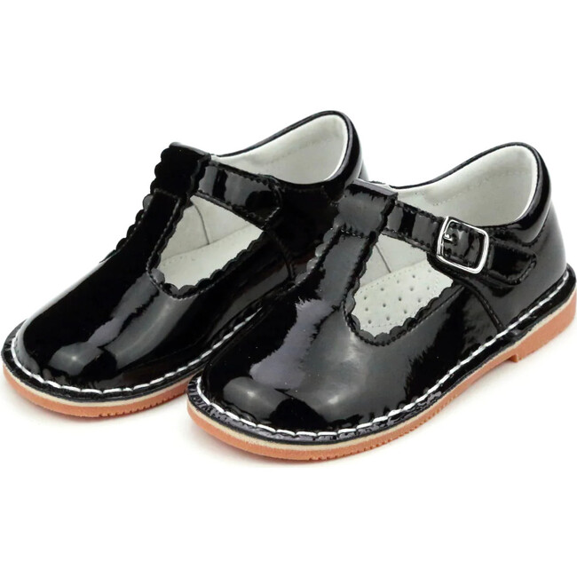 Selina Scalloped T-Strap Stich Down Mary Jane, Patent Black