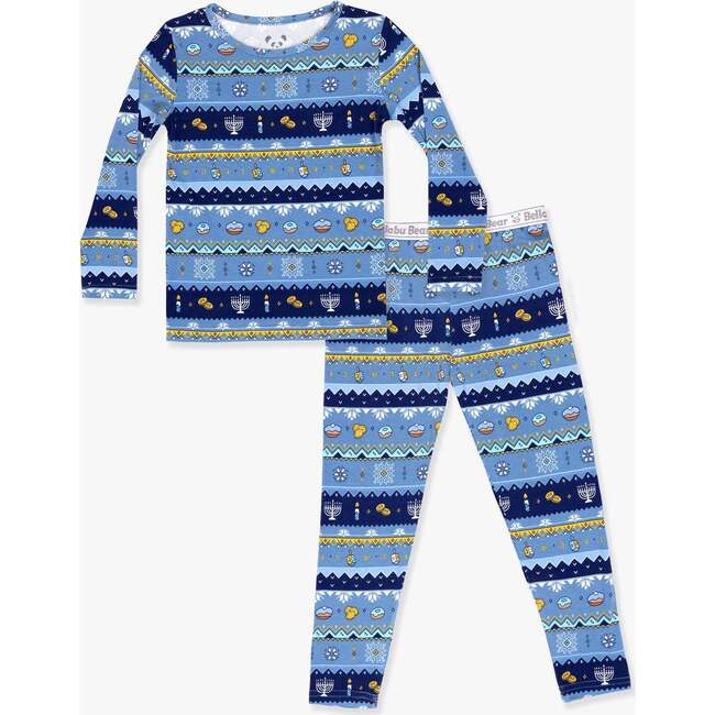 Hanukkah Fair Isle Bamboo Kids Pajamas, Blue