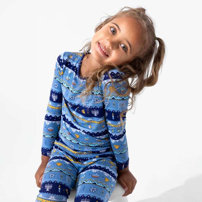 Hanukkah Fair Isle Bamboo Kids Pajamas, Blue
