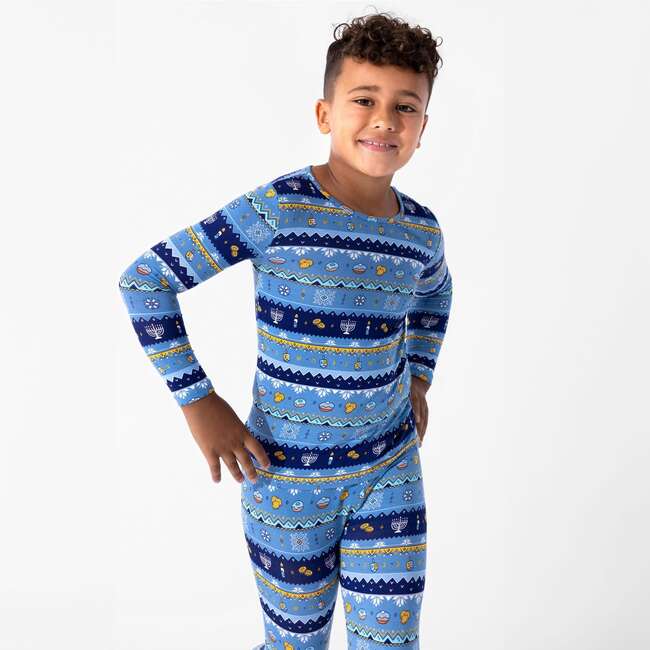 Hanukkah Fair Isle Bamboo Kids Pajamas, Blue - Pajamas - 5