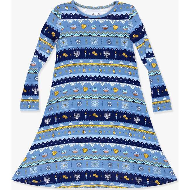 Hanukkah Fair Isle Bamboo Girls' Long Sleeve Dress, Blue