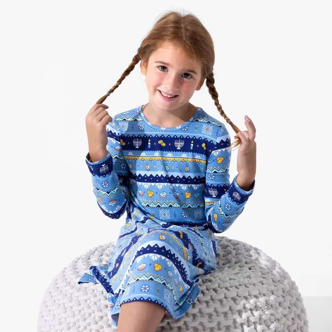 Hanukkah Fair Isle Bamboo Girls' Long Sleeve Dress, Blue - Dresses - 4