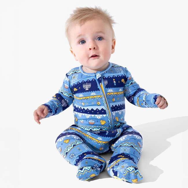 Hanukkah Fair Isle Bamboo Convertible Footie, Blue - Footie Pajamas - 2