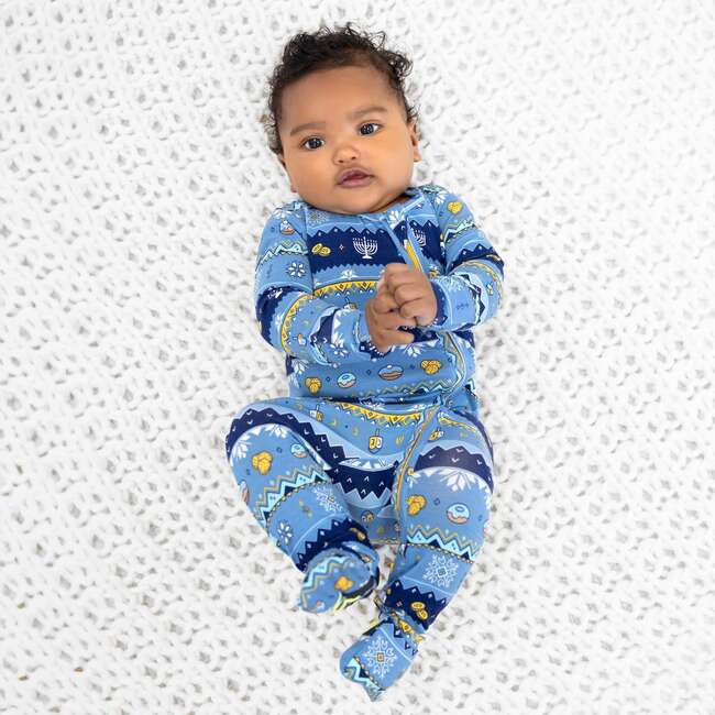 Hanukkah Fair Isle Bamboo Convertible Footie, Blue - Footie Pajamas - 4