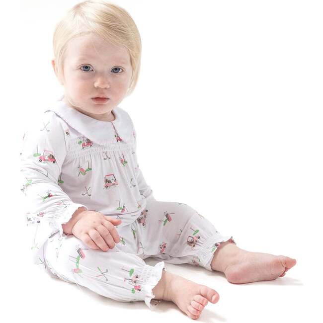 Smocked Long Sleeve Romper,  with Peter Pan CollarBaby Golf Carts Pink - Rompers - 2