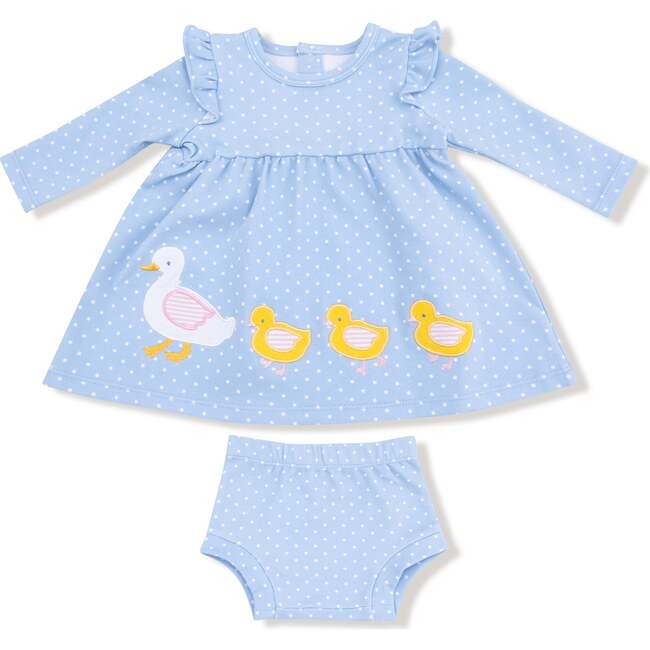 Duck Family Long Sleeve Dress with Diaper Cover, Bebe Blue Dot