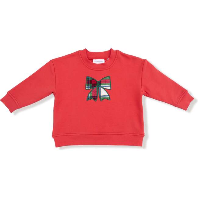 Drop Sleeve Bow Sweatshirt with Rib Cuffs, Holiday Plaid