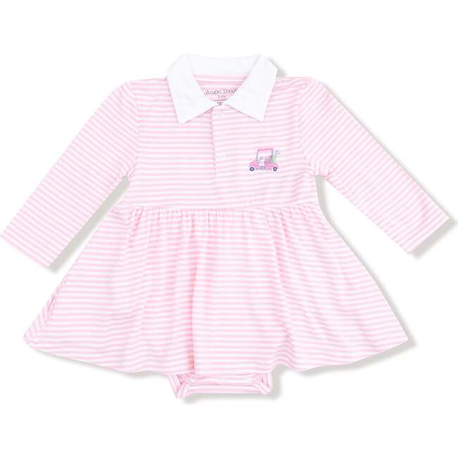 Long Sleeve Polo Bodysuit Dress, Baby Golf Carts Pink