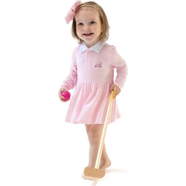 Long Sleeve Polo Bodysuit Dress, Baby Golf Carts Pink - Dresses - 2