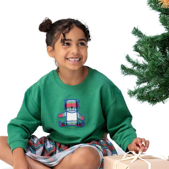 Drop Sleeve Bear Sweatshirt with Rib Cuffs, Holiday Plaid - Sweatshirts - 2