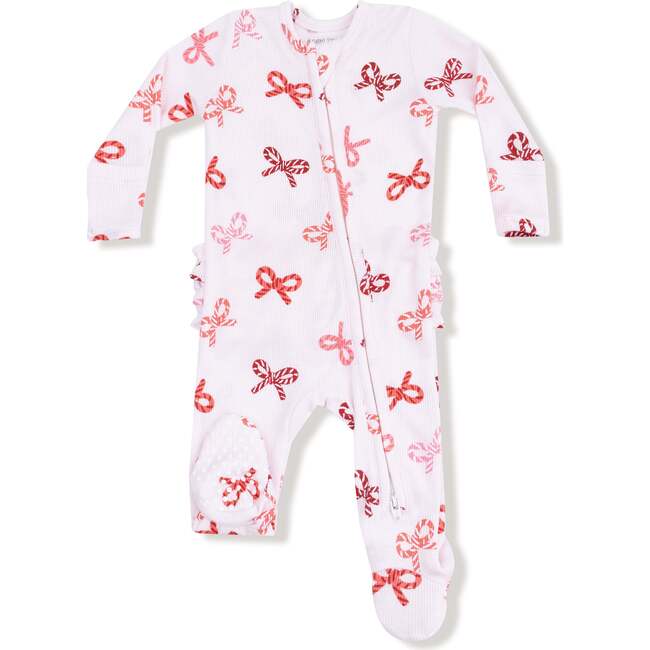2 Way Zipper Ruffle Back Footie, Candy Cane Bows
