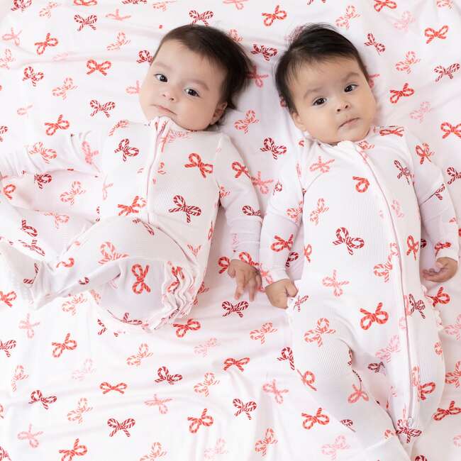 2 Way Zipper Ruffle Back Footie, Candy Cane Bows - Footie Pajamas - 2