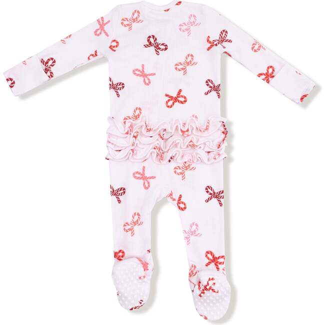 2 Way Zipper Ruffle Back Footie, Candy Cane Bows - Footie Pajamas - 3