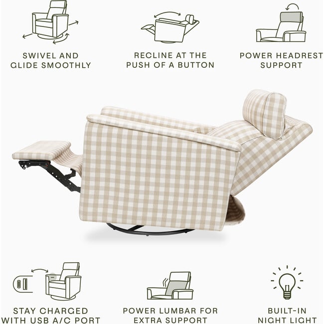 Willa Pro Power Glider Recliner w/ Power Lumbar in Tan Gingham - Glider - 4