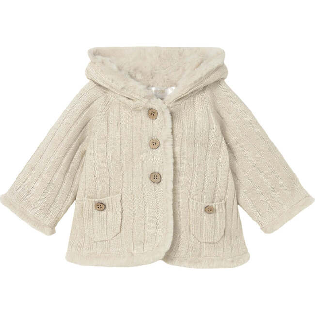 Newborn Girl Knit Jacket with Faux Fur, Beige