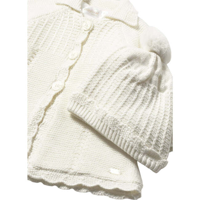 Newborn Girl Knit Coat with Hood, Ivory - Coats - 3