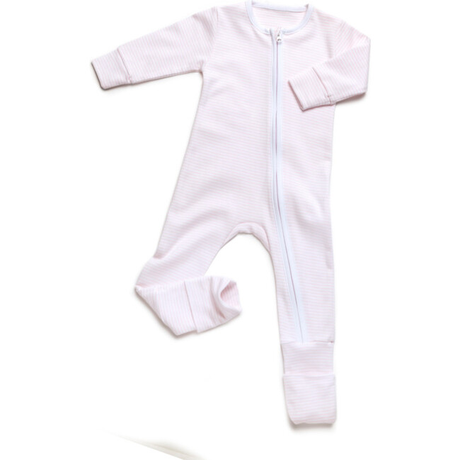 Convertible 2-Way Zip Striped Pima Footie Pajama, Light Pink Stripe