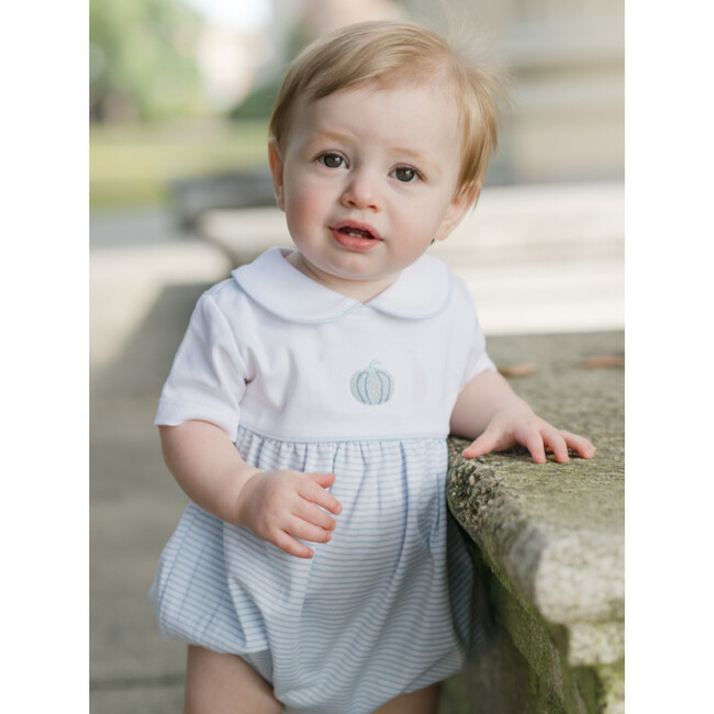 French Knot Pumpkin Pima Bubble, White/Light Blue Stripe - Rompers - 4