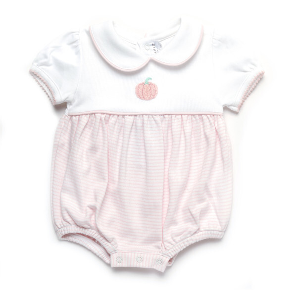 French Knot Pumpkin Pima Bubble, White/Light Pink Stripe - Rompers - 6
