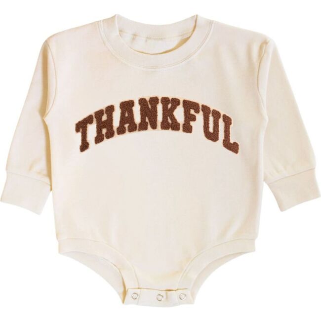 Thankful Patch Varsity Thanksgiving Long Sleeve Romper, Natural