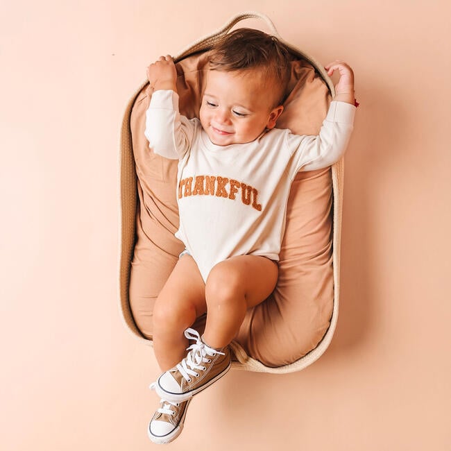 Thankful Patch Varsity Thanksgiving Long Sleeve Romper, Natural