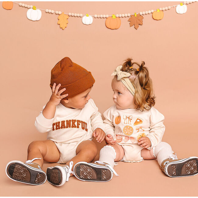 Thankful Cutie Thanksgiving Long Sleeve Romper, Natural - Rompers - 3