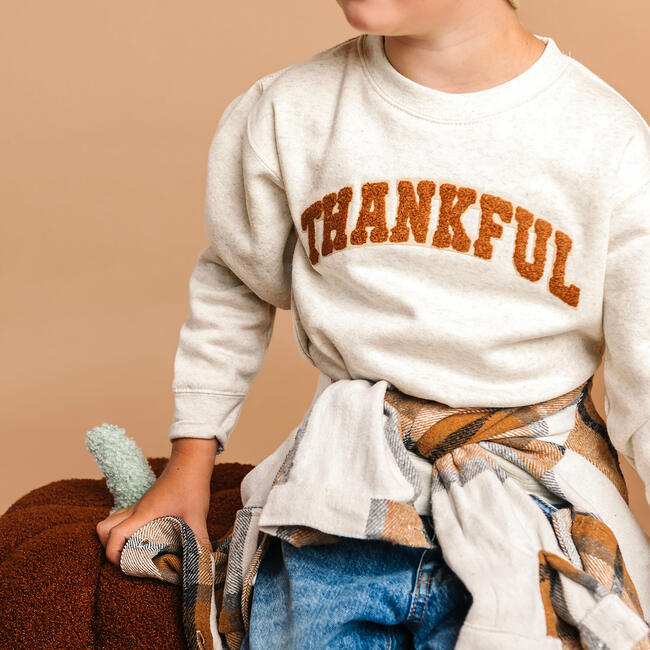 Thankful Patch Varsity Thanksgiving Patch Sweatshirt, Natural - Sweatshirts - 3