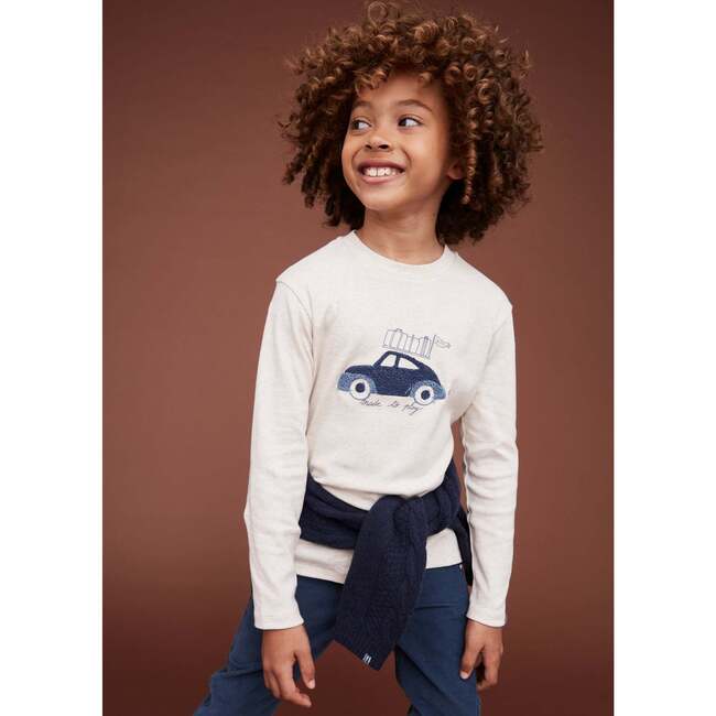 Long Sleeve Embroidered Car T-shirt, Cream - T-Shirts - 2