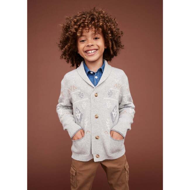 Merino Cashmere Jaquard Shawl Cardigan, Grey - Cardigans - 2