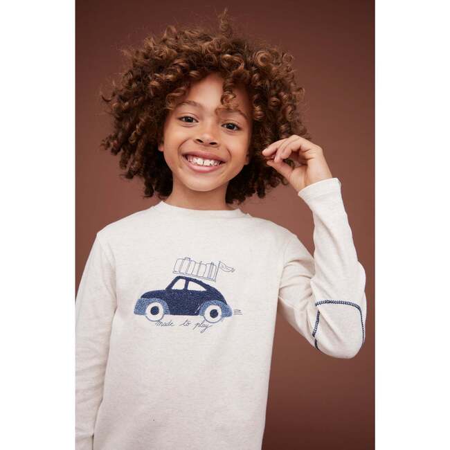 Long Sleeve Embroidered Car T-shirt, Cream - T-Shirts - 3