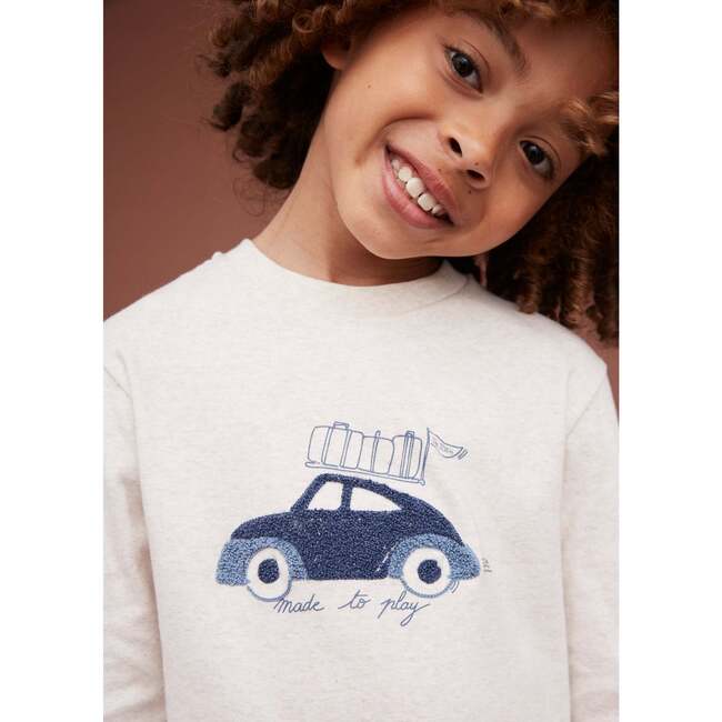 Long Sleeve Embroidered Car T-shirt, Cream - T-Shirts - 4
