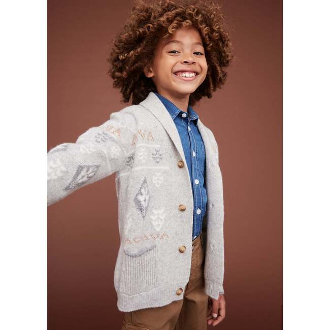 Merino Cashmere Jaquard Shawl Cardigan, Grey - Cardigans - 6