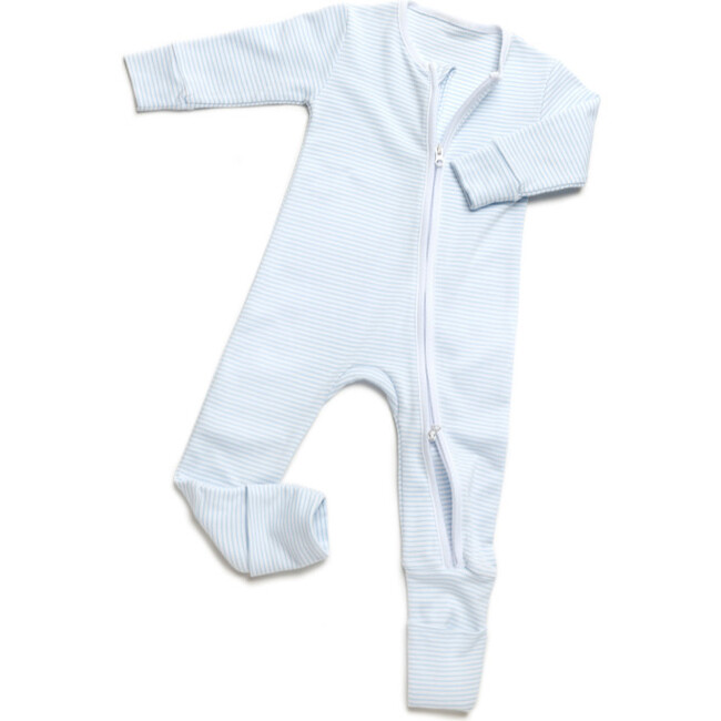 Convertible 2-Way Zip Striped Pima Footie Pajama, Light Blue Stripe