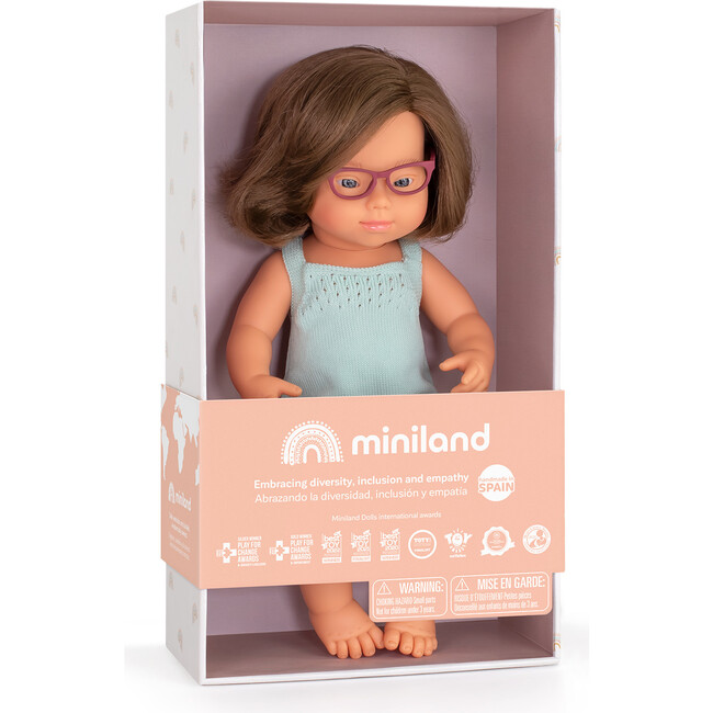 Colourful Edition Collection - Baby Doll Caucasian Girl with Down Syndrome with Glasses 15'' (turquoise rompers) - Dolls - 2